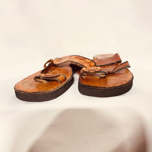 Hand-tooled leather Mexican artisanal sandals Size 4 (6,5 - 7) - Picture 2 of 7